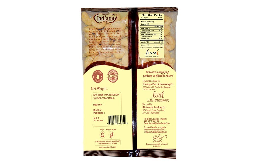 Indiana Cashew Nuts    Pack  250 grams